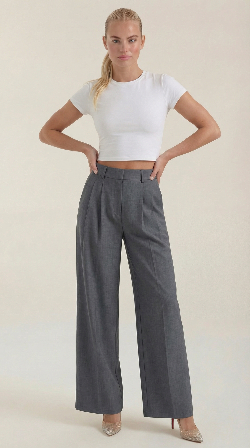 Women's Pleated High-Rise Wide-Leg Pants – Tailored Front & Flowy Crepe Fabric Gray