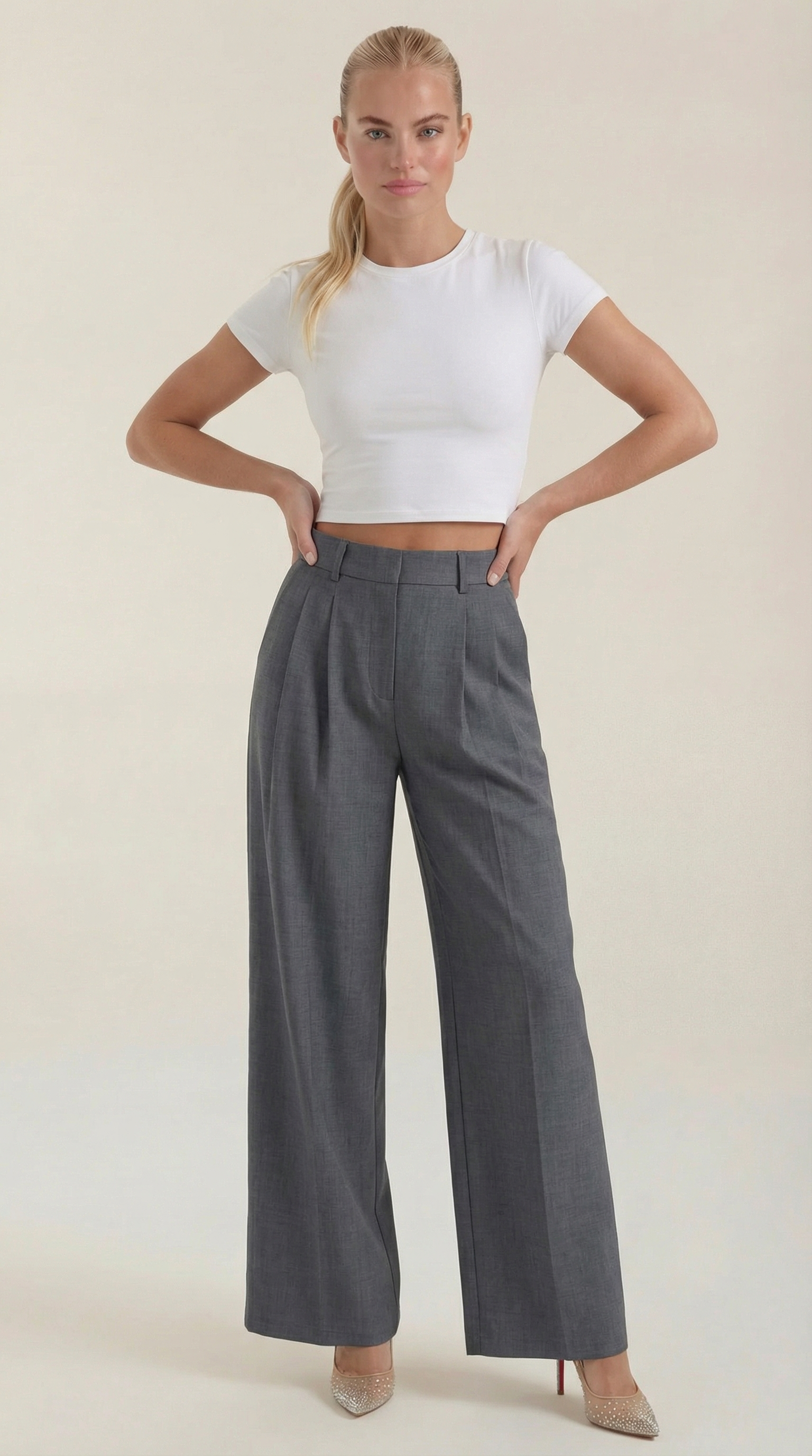 Women's Pleated High-Rise Wide-Leg Pants – Tailored Front & Flowy Crepe Fabric Gray