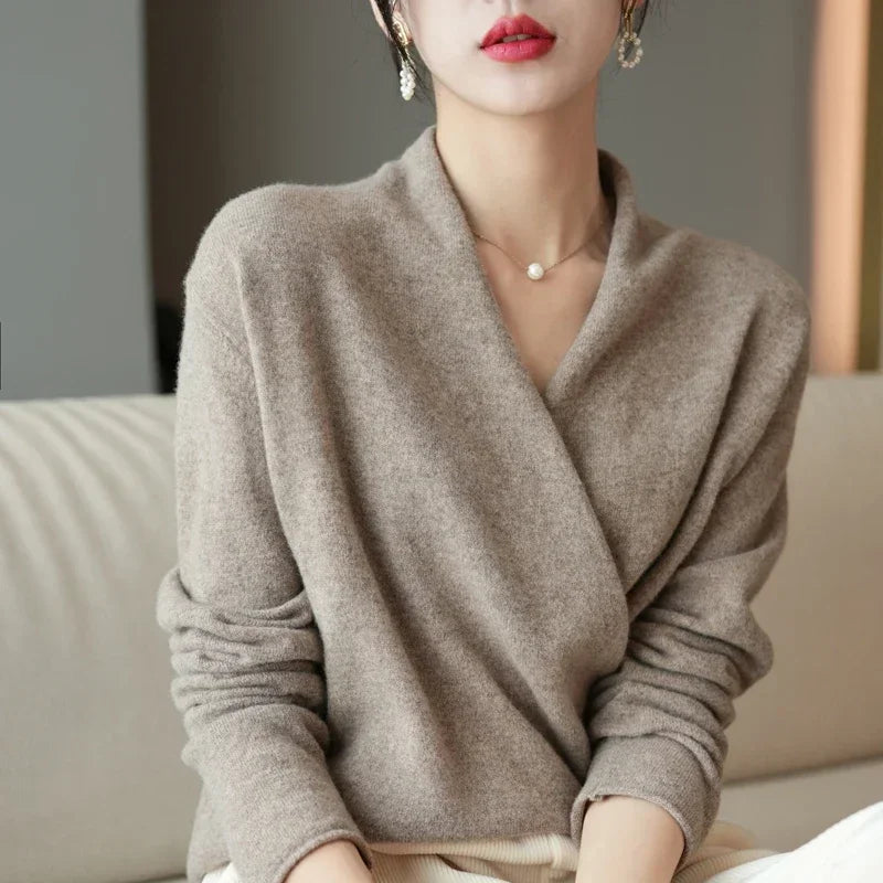 Luna | Women’s Crossed Wrap Sweater – Chic Ballet-Inspired Knit & Refined Slimming Waist Cafe