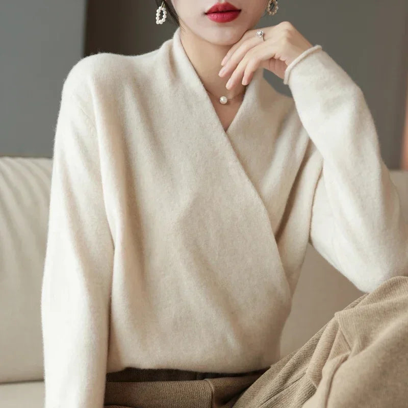 Luna | Women’s Crossed Wrap Sweater – Chic Ballet-Inspired Knit & Refined Slimming Waist Ivory