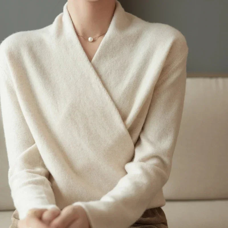 Luna | Women’s Crossed Wrap Sweater – Chic Ballet-Inspired Knit & Refined Slimming Waist Ivory M