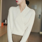 Luna | Women’s Crossed Wrap Sweater – Chic Ballet-Inspired Knit & Refined Slimming Waist Coconut White