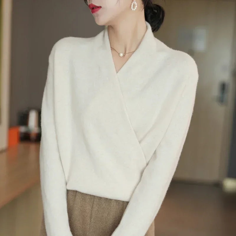 Luna | Women’s Crossed Wrap Sweater – Chic Ballet-Inspired Knit & Refined Slimming Waist Coconut White