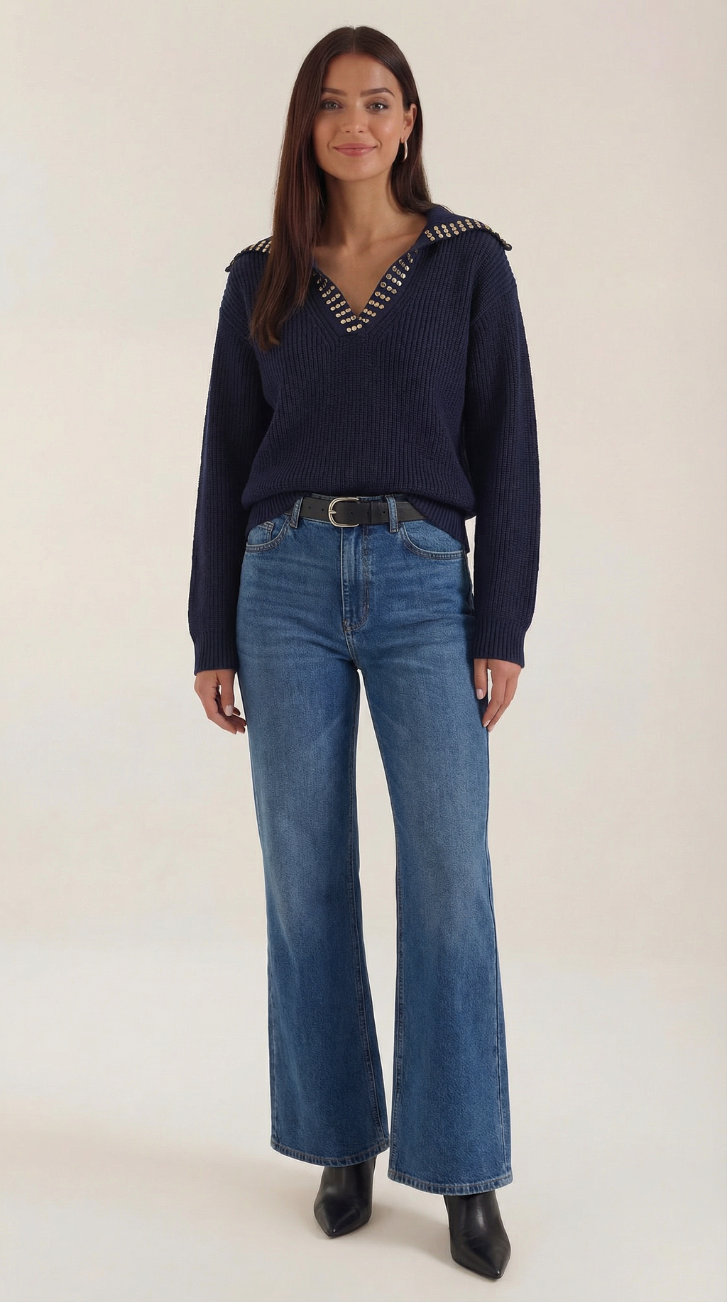 Women's Studded V-Neck Collar Sweater – Edgy Embellished Detail & Soft Knit Navy