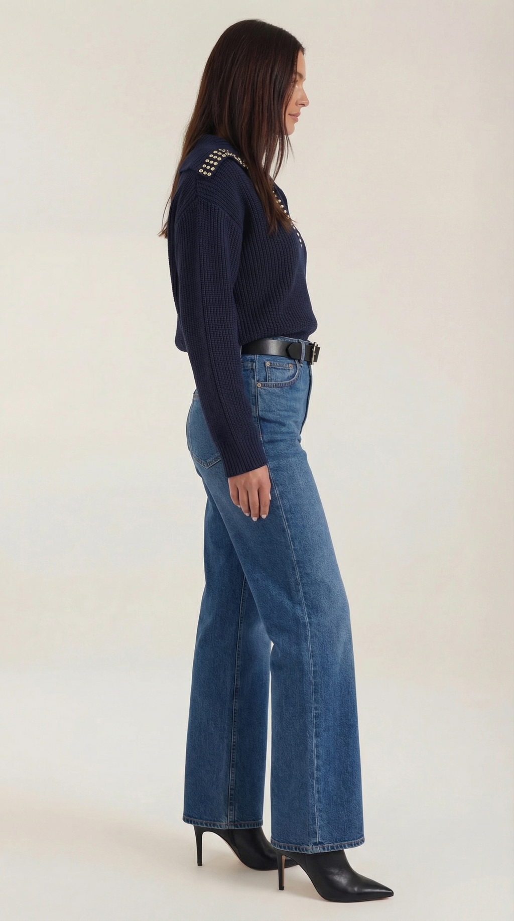 Women's Studded V-Neck Collar Sweater – Edgy Embellished Detail & Soft Knit