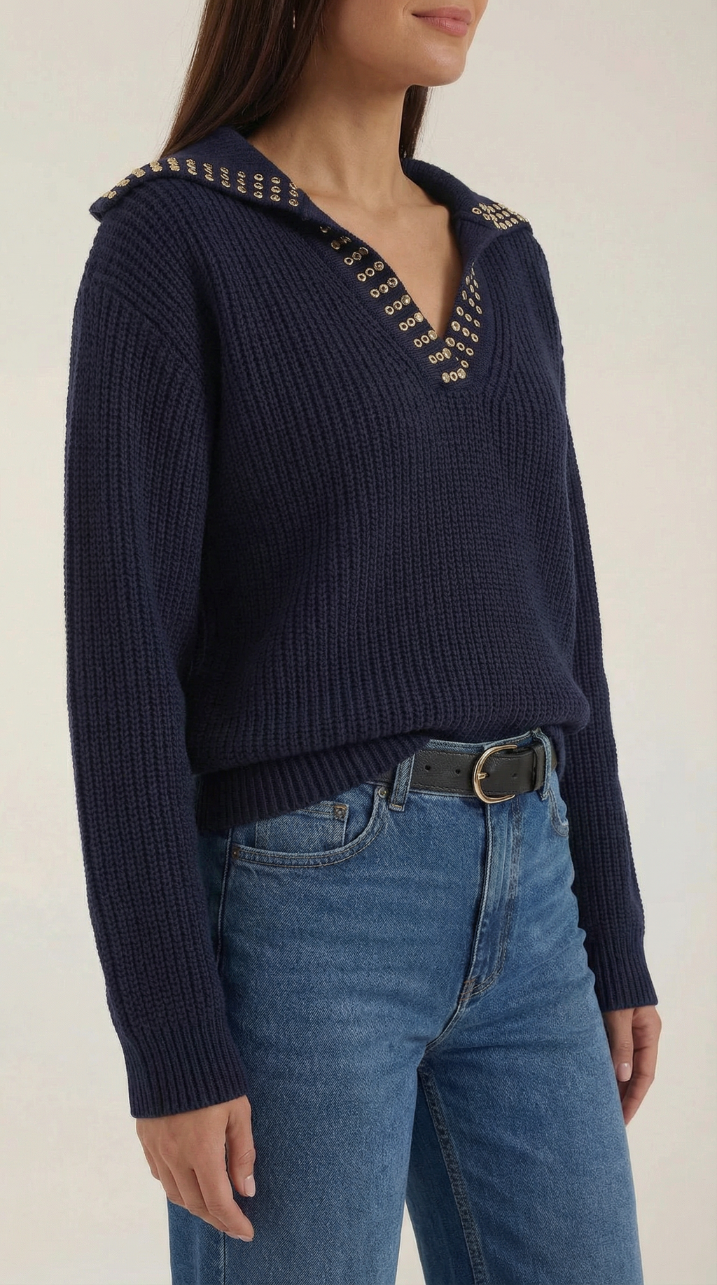 Women's Studded V-Neck Collar Sweater – Edgy Embellished Detail & Soft Knit