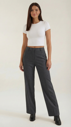 Women's Pleated Straight-Cut Trousers – High-Rise Tailored Fit & Classic Style Gray