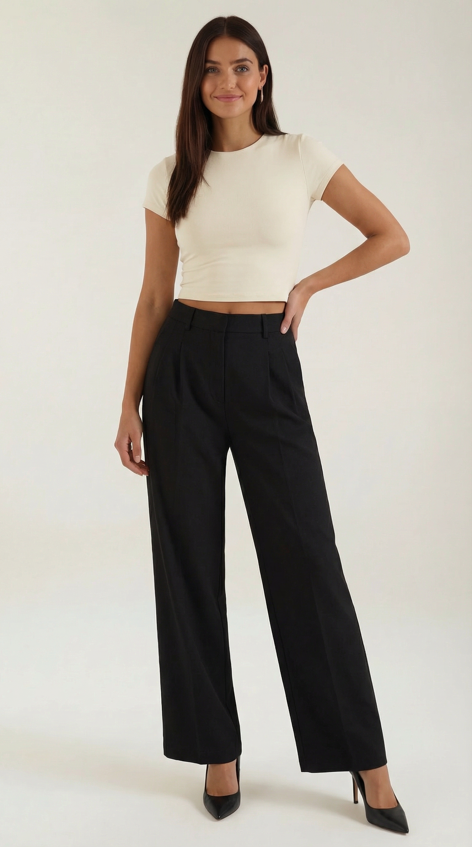 Women's Pleated Straight-Cut Trousers – High-Rise Tailored Fit & Classic Style Black