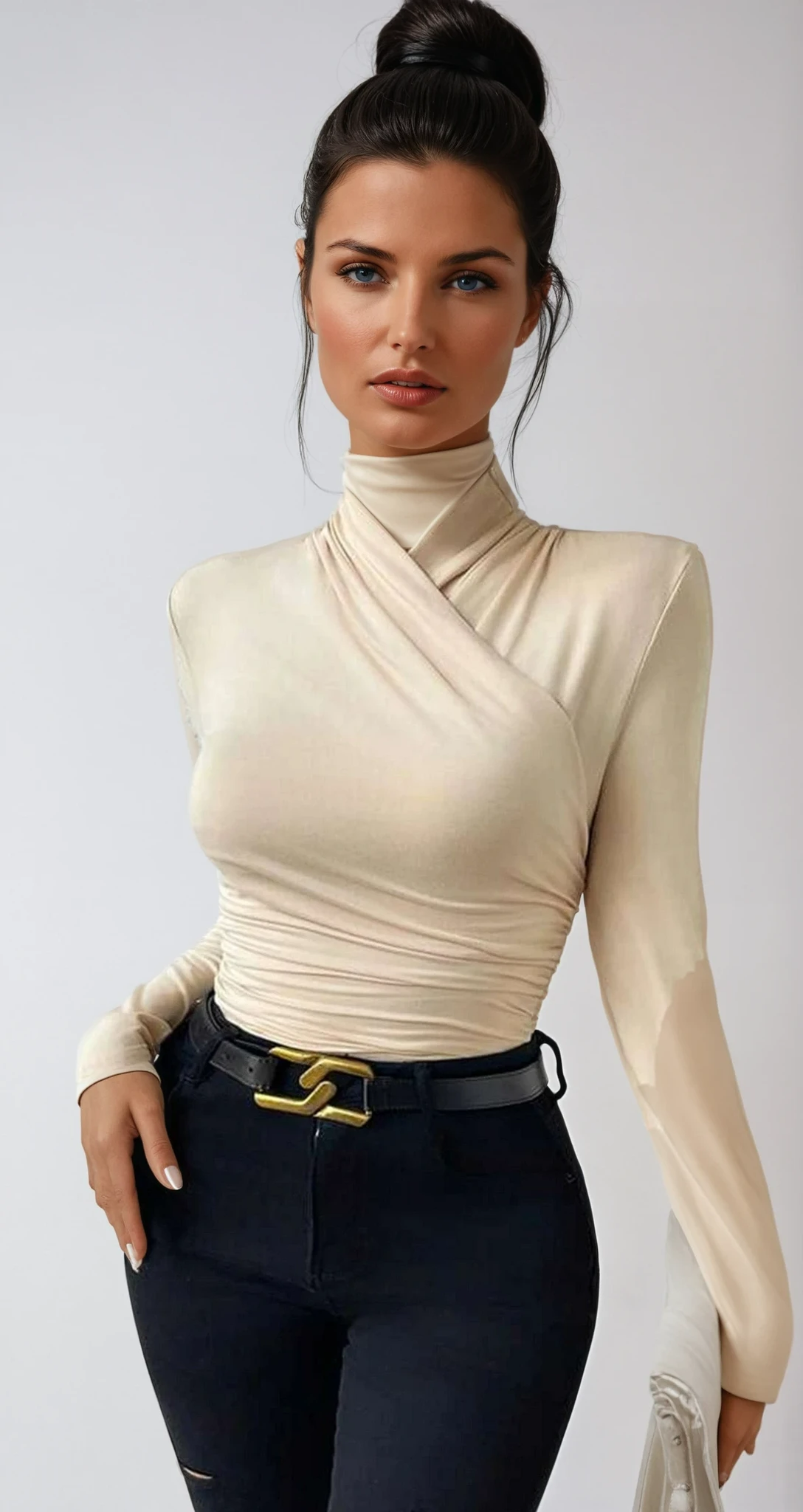 Lyra | Draped Crossover Long Sleeve Top – Chic Artisan Grace & Refined Slimming Silhouette Beige