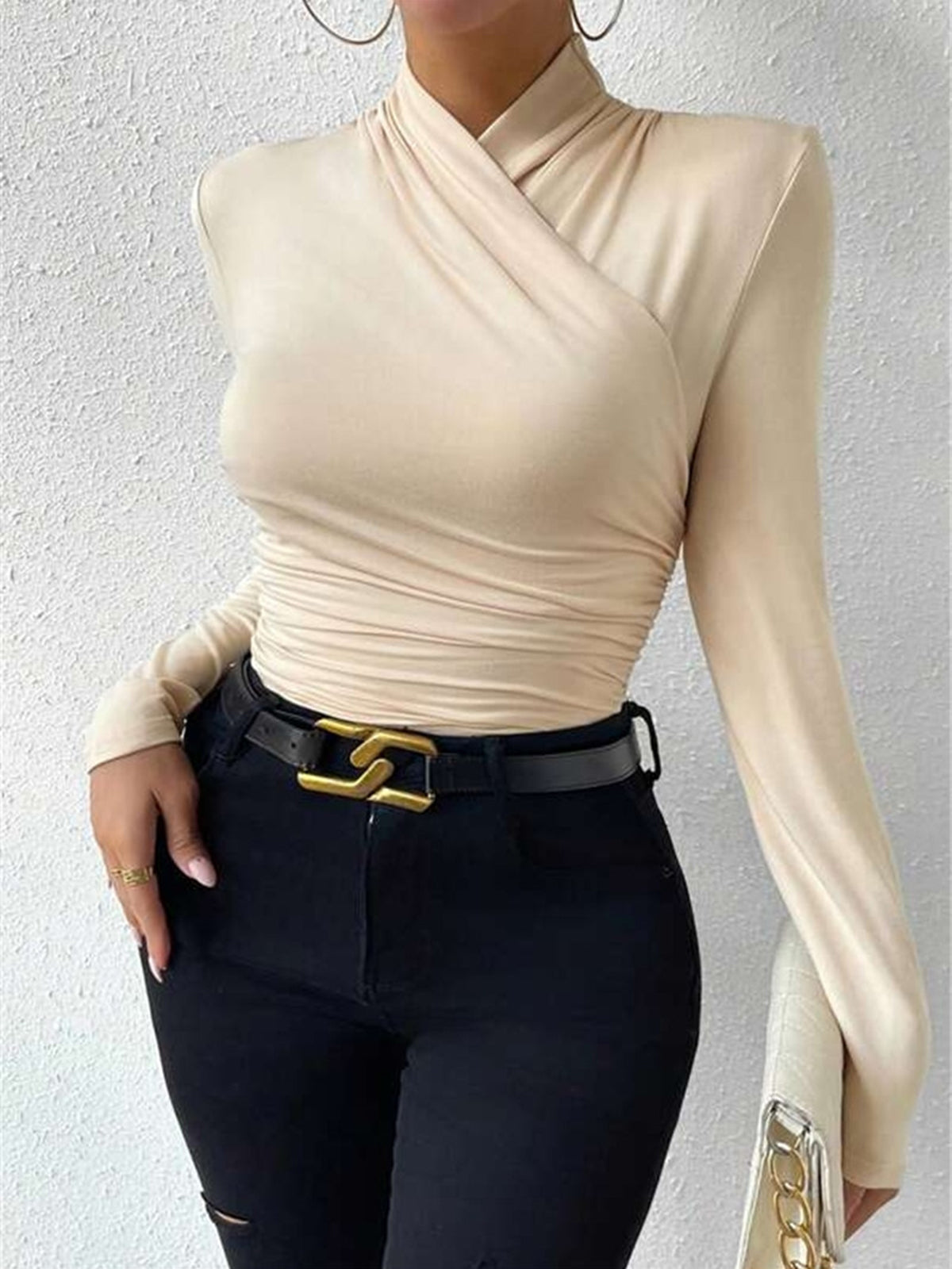 Lyra | Draped Crossover Long Sleeve Top – Chic Artisan Grace & Refined Slimming Silhouette