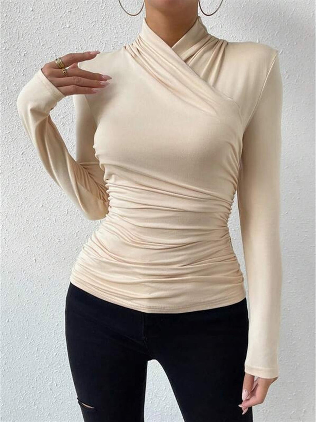 Lyra | Draped Crossover Long Sleeve Top – Chic Artisan Grace & Refined Slimming Silhouette