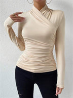 Lyra | Draped Crossover Long Sleeve Top – Chic Artisan Grace & Refined Slimming Silhouette