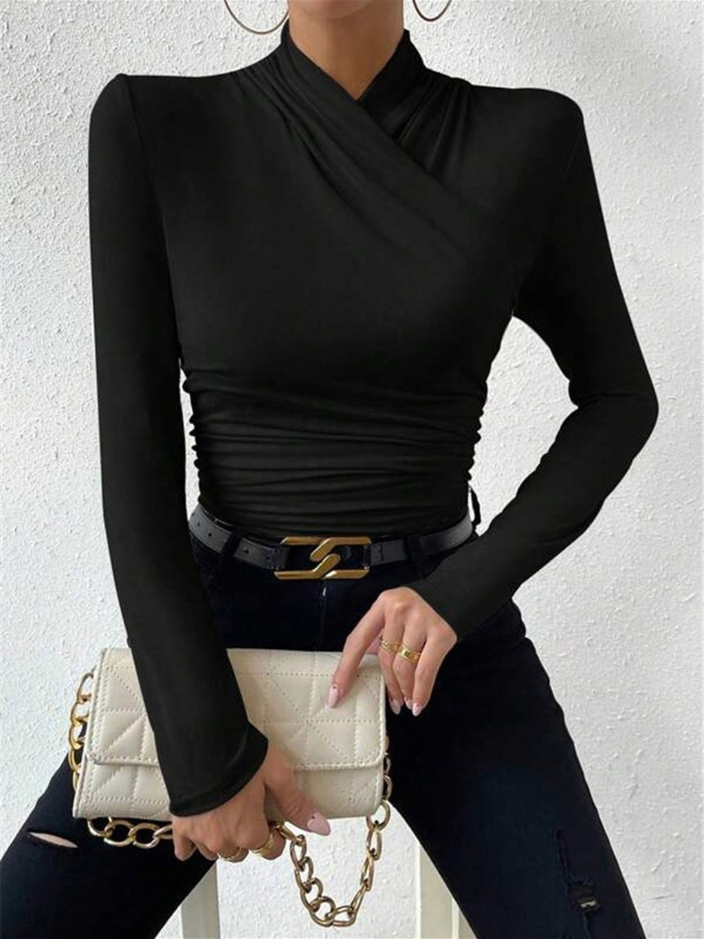 Lyra | Draped Crossover Long Sleeve Top – Chic Artisan Grace & Refined Slimming Silhouette Black