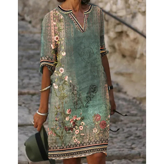Women's Short Sleeve V-Neck Floral Summer Dress | Midi green