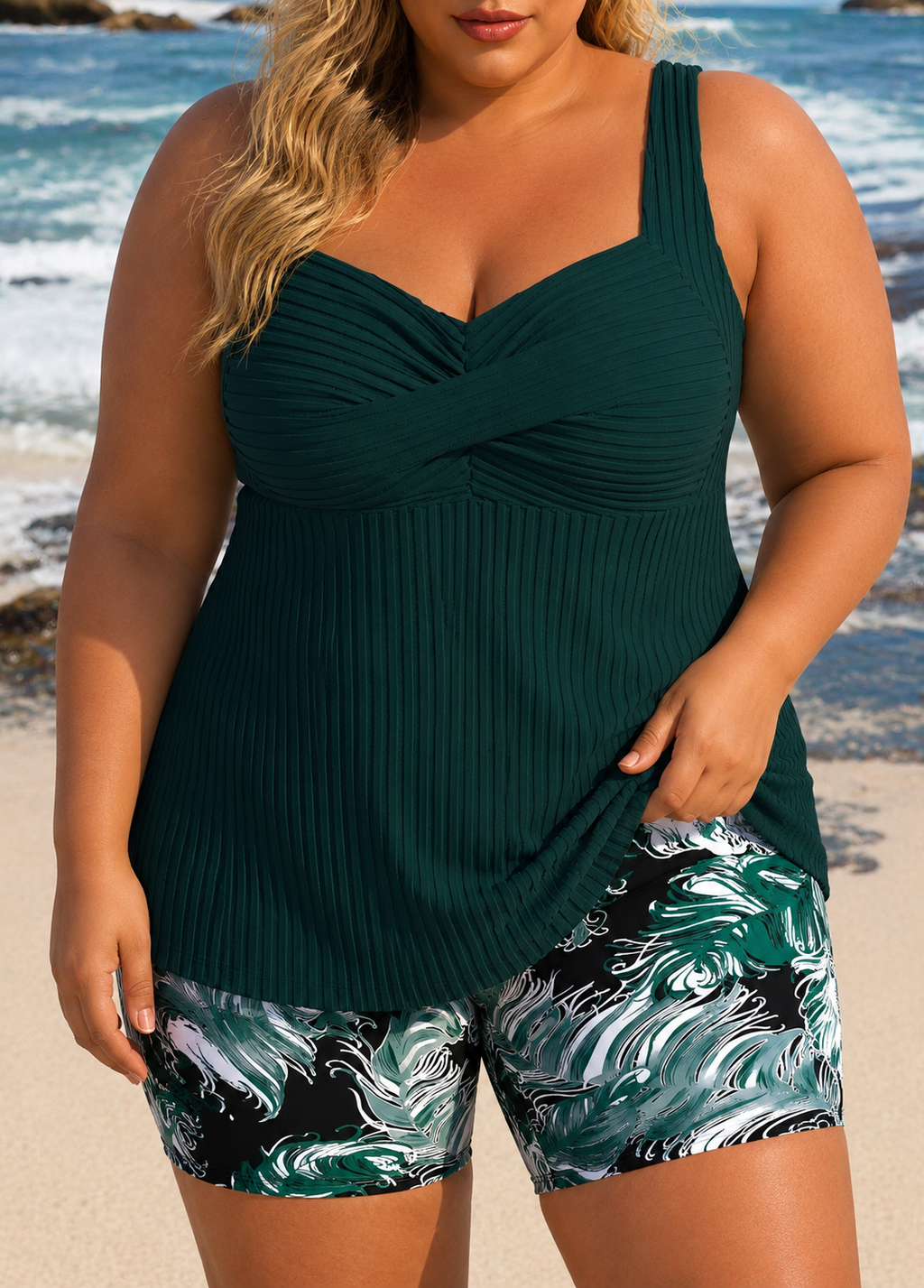 Edith - Plus Size Elegant Tankini Shorts Set Dark Green