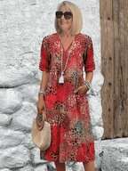 Flōre | Elegant Floral Midi Dress – Chic Artisan Grace & Refined Slimming Silhouette Scarlet Red