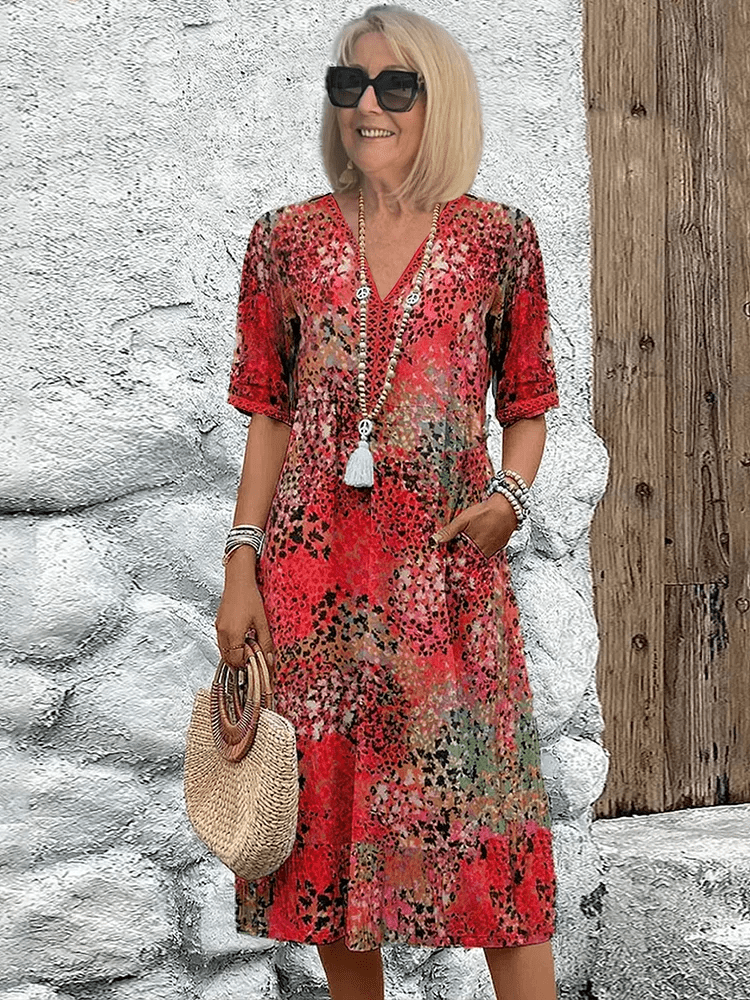 Flōre | Elegant Floral Midi Dress – Chic Artisan Grace & Refined Slimming Silhouette Scarlet Red