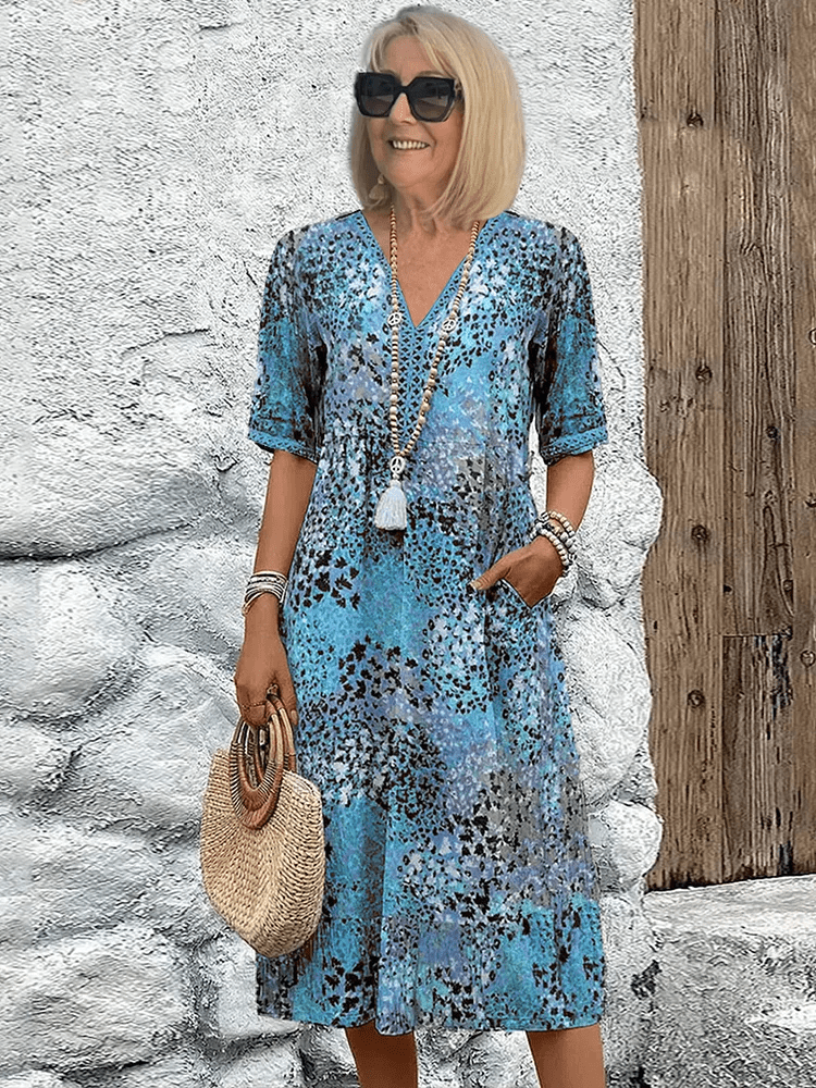 Flōre | Elegant Floral Midi Dress – Chic Artisan Grace & Refined Slimming Silhouette Ocean Blue (Almost sold out)