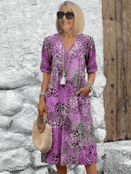 Flōre | Elegant Floral Midi Dress – Chic Artisan Grace & Refined Slimming Silhouette Lavender Purple