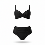 Elegant Two-Piece Swimsuit with Twisted V-Neck and Ruched High-Waist Design
