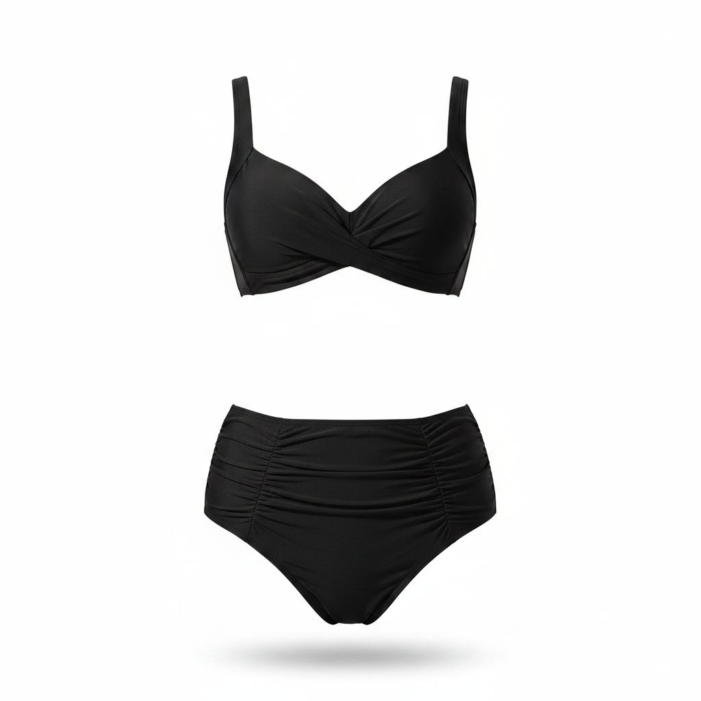 Elegant Two-Piece Swimsuit with Twisted V-Neck and Ruched High-Waist Design