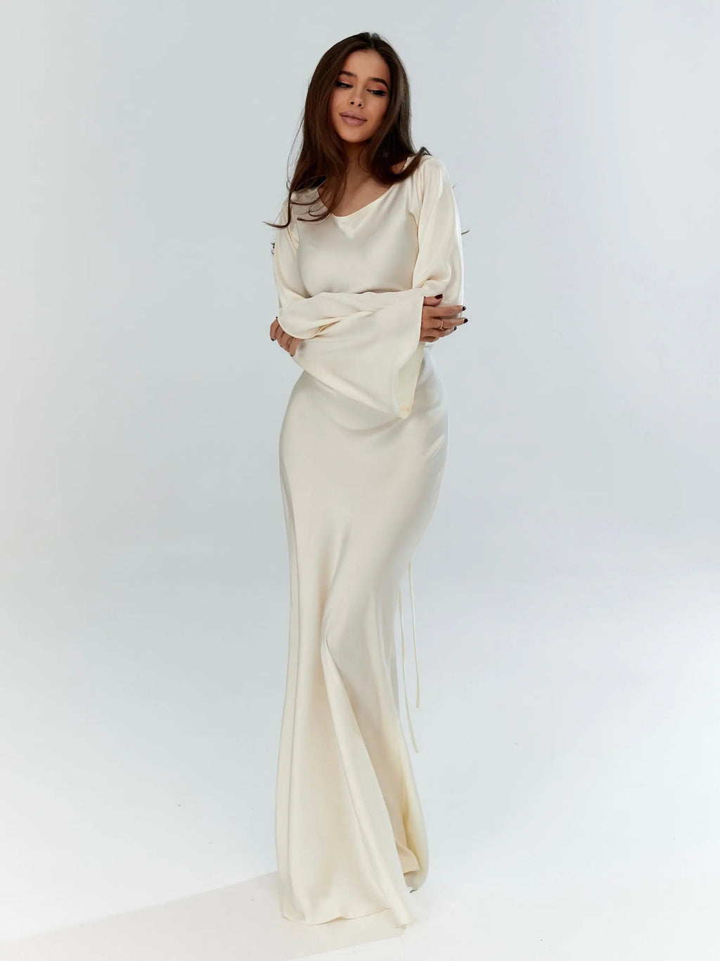 Dolce | Elegant Wedding Guest Long Sleeve Maxi Dress – Chic Artisan Grace & Refined Slimming Silhouette White