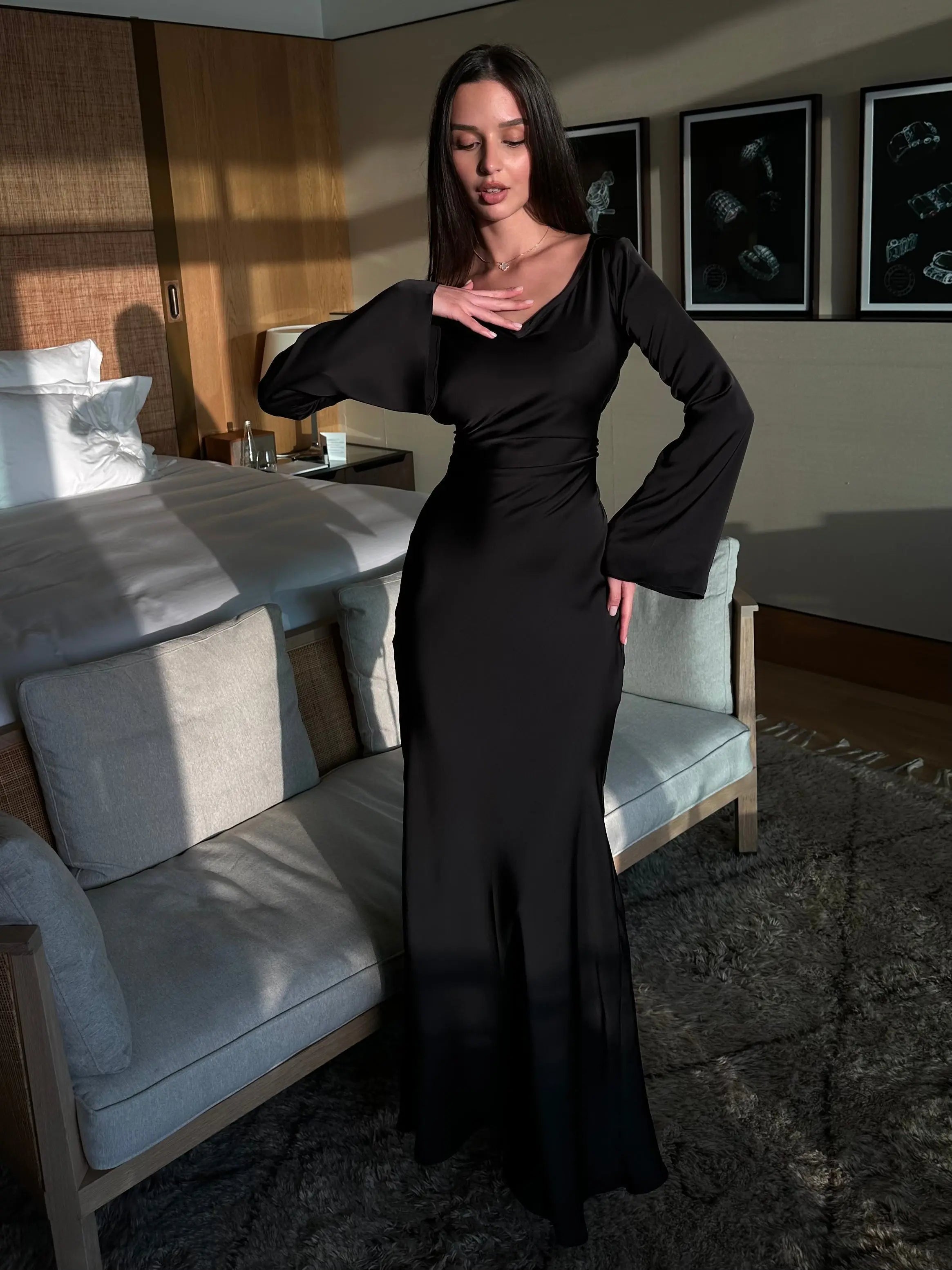 Dolce | Elegant Wedding Guest Long Sleeve Maxi Dress – Chic Artisan Grace & Refined Slimming Silhouette