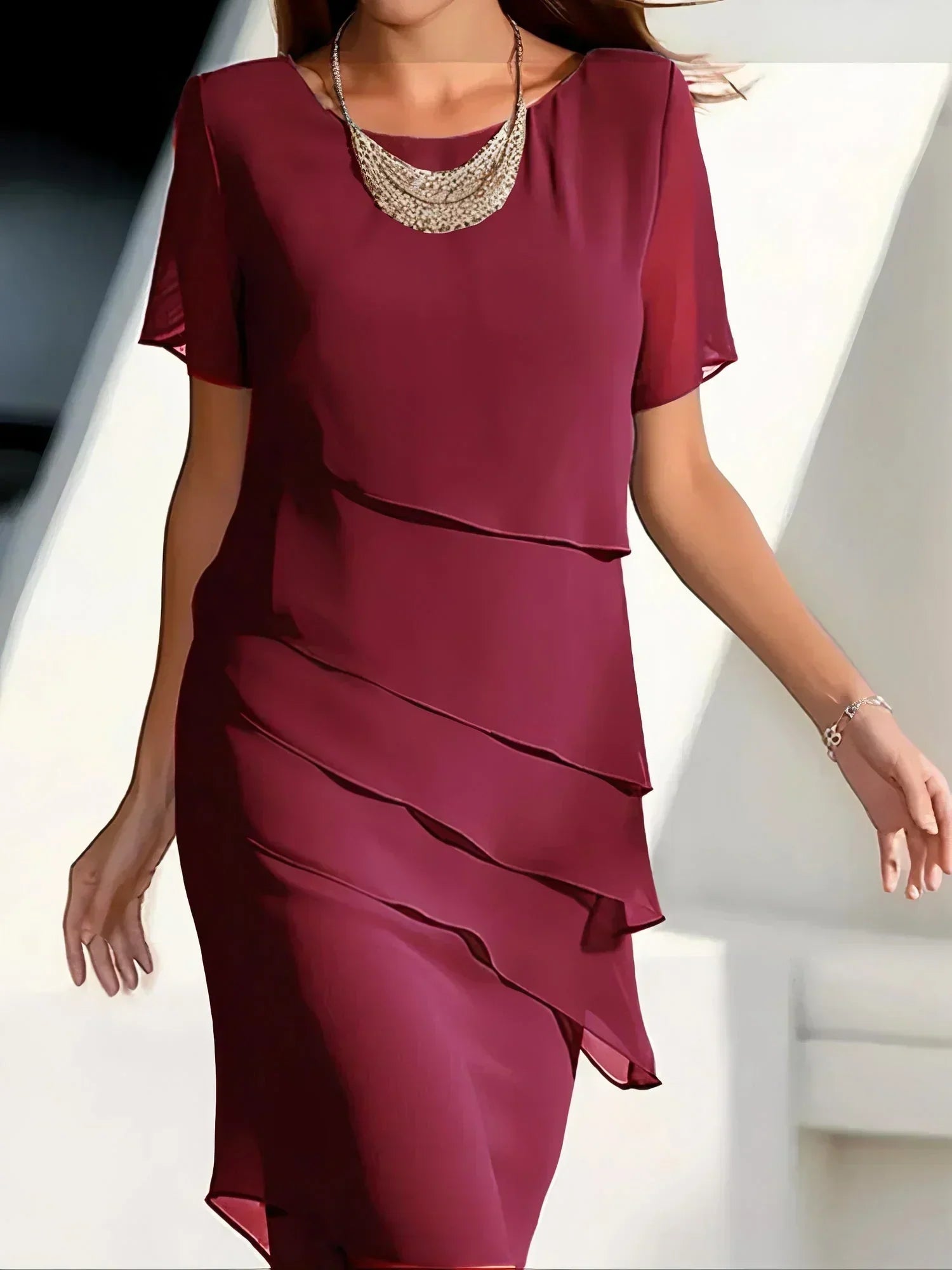 Panora | Elegant Women's Dress - Slimming Effect & Ruffle Drape Red