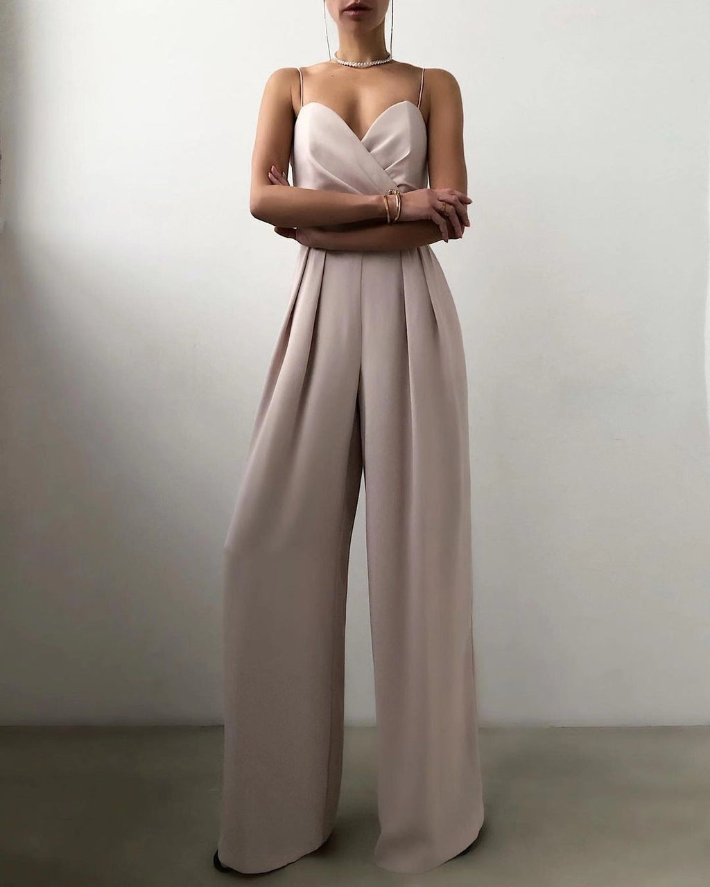 Elegant jumpsuit, high waist, straight leg, spaghetti straps