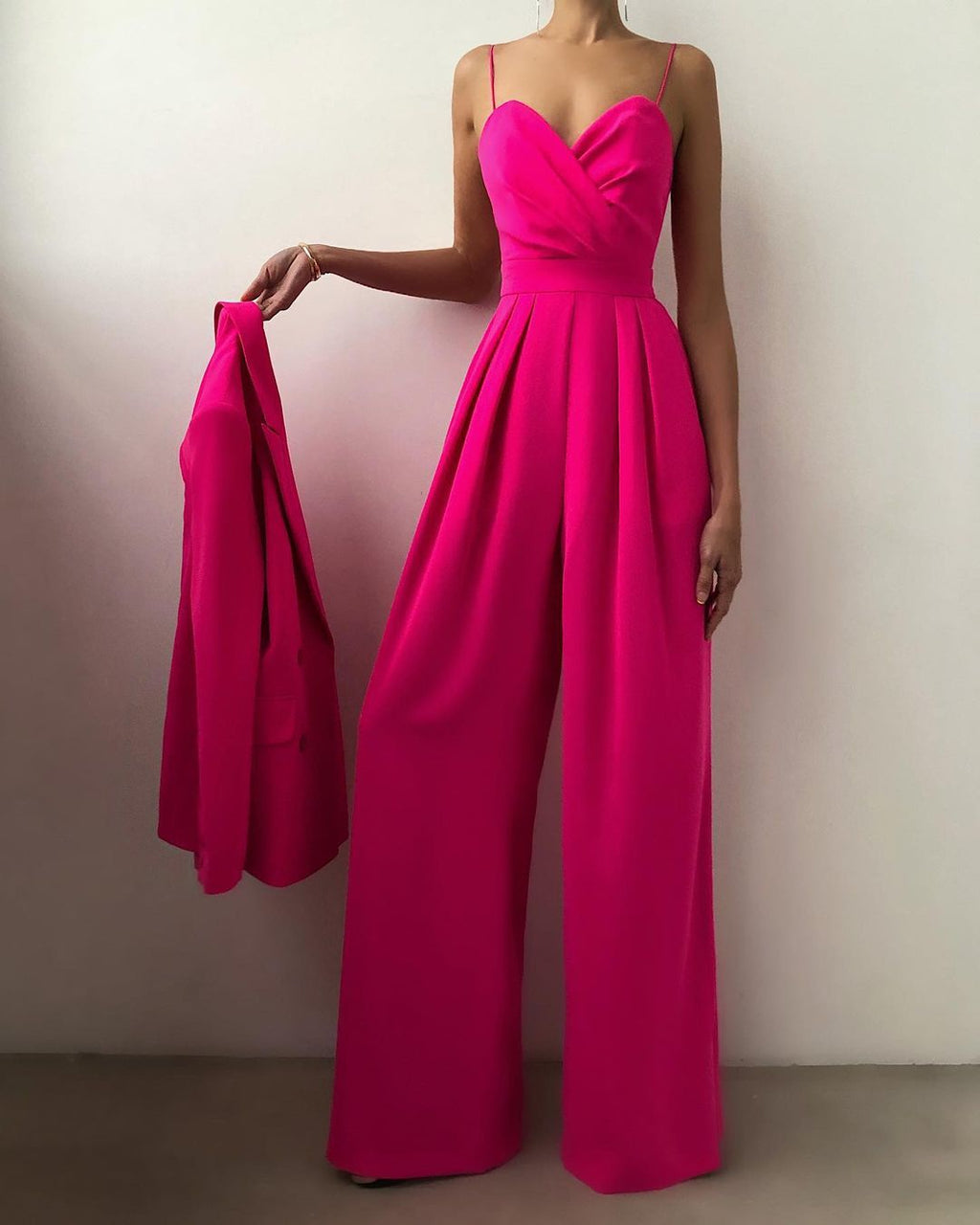 Elegant jumpsuit, high waist, straight leg, spaghetti straps