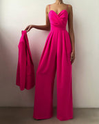 Elegant jumpsuit, high waist, straight leg, spaghetti straps
