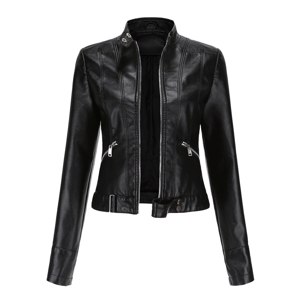 Elegant leather jacket for women made of high-quality genuine leather for stylish leisure and evening wear. black