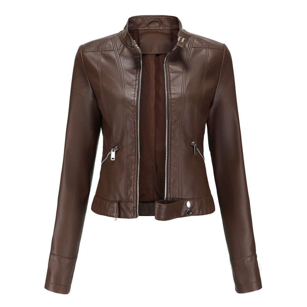 Elegant leather jacket for women made of high-quality genuine leather for stylish leisure and evening wear. dark brown