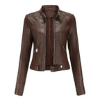Elegant leather jacket for women made of high-quality genuine leather for stylish leisure and evening wear. dark brown