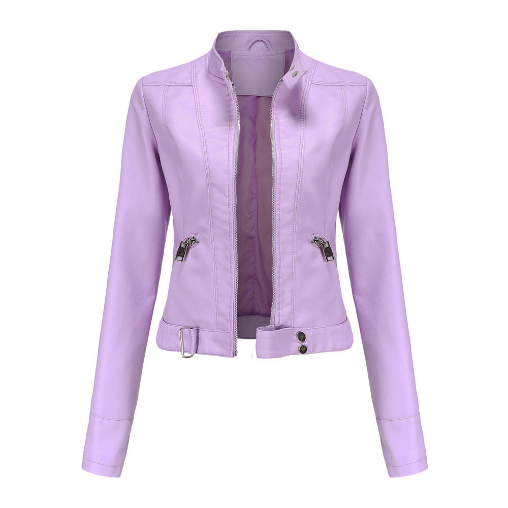 Elegant leather jacket for women made of high-quality genuine leather for stylish leisure and evening wear. violet