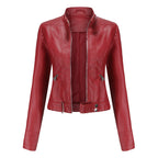 Elegant leather jacket for women made of high-quality genuine leather for stylish leisure and evening wear. red