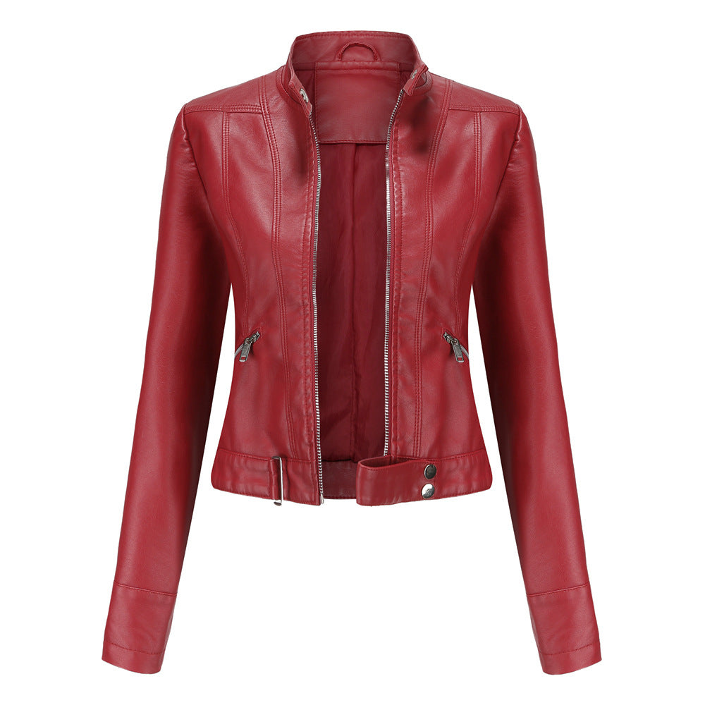 Elegant leather jacket for women made of high-quality genuine leather for stylish leisure and evening wear. red