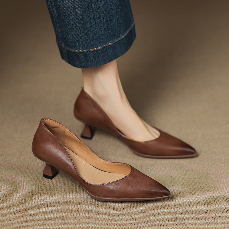 Elyia | Genuine Leather Heels – Luxury Designer Block Pumps & Slimming Classic Mule Footwear Brown