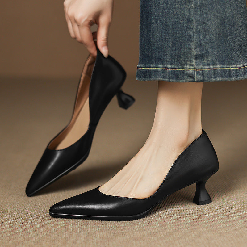 Elyia | Genuine Leather Heels – Luxury Designer Block Pumps & Slimming Classic Mule Footwear Black