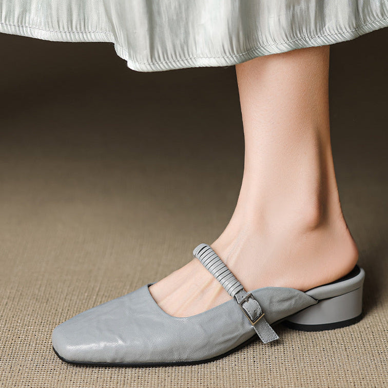 Elyne | Genuine Leather Mary Jane Mules – Luxury Designer Slip-On Block Heel & Slimming Vintage Profile Powder Blue