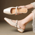 Elyne | Genuine Leather Mary Jane Mules – Luxury Designer Slip-On Block Heel & Slimming Vintage Profile Beige