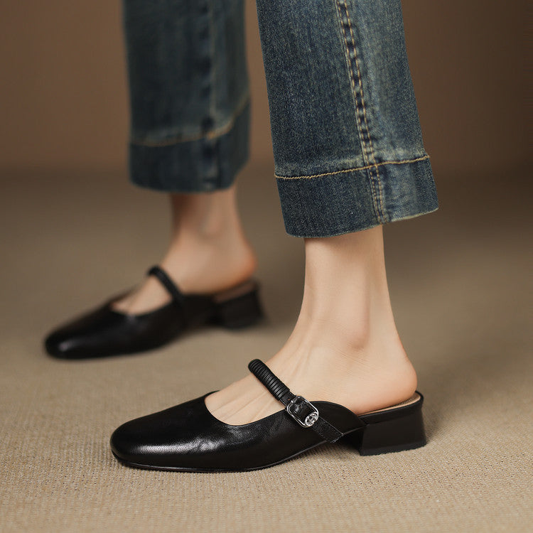 Elyne | Genuine Leather Mary Jane Mules – Luxury Designer Slip-On Block Heel & Slimming Vintage Profile Black