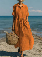 Nora | Elegant & Breathable Cotton Shirt Dress Orange