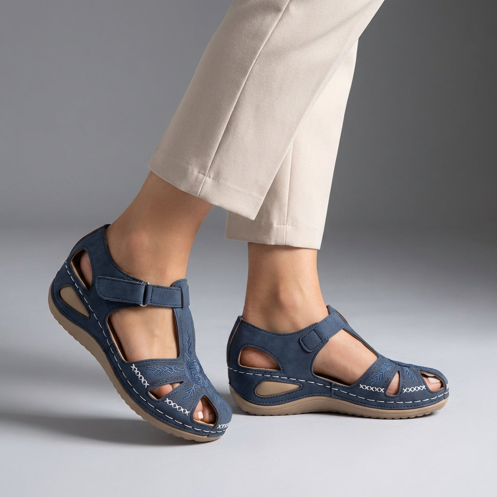 Embroidered Low Wedge Comfort Sandals with Arch Support and Cut-Out Design 0