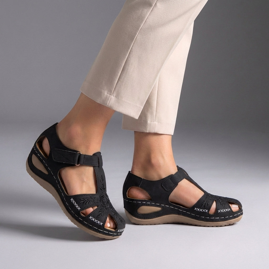 Embroidered Low Wedge Comfort Sandals with Arch Support and Cut-Out Design 1