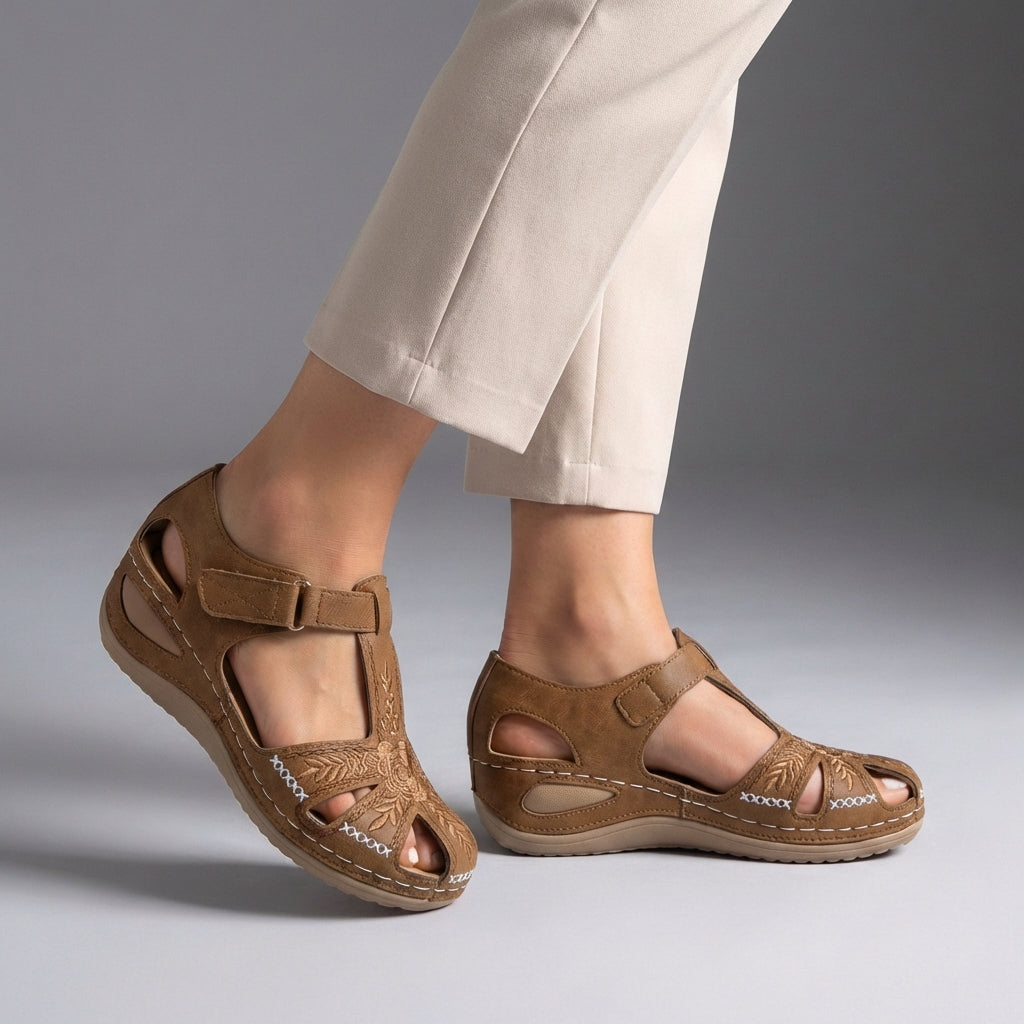 Embroidered Low Wedge Comfort Sandals with Arch Support and Cut-Out Design 2