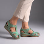 Embroidered Low Wedge Comfort Sandals with Arch Support and Cut-Out Design Green