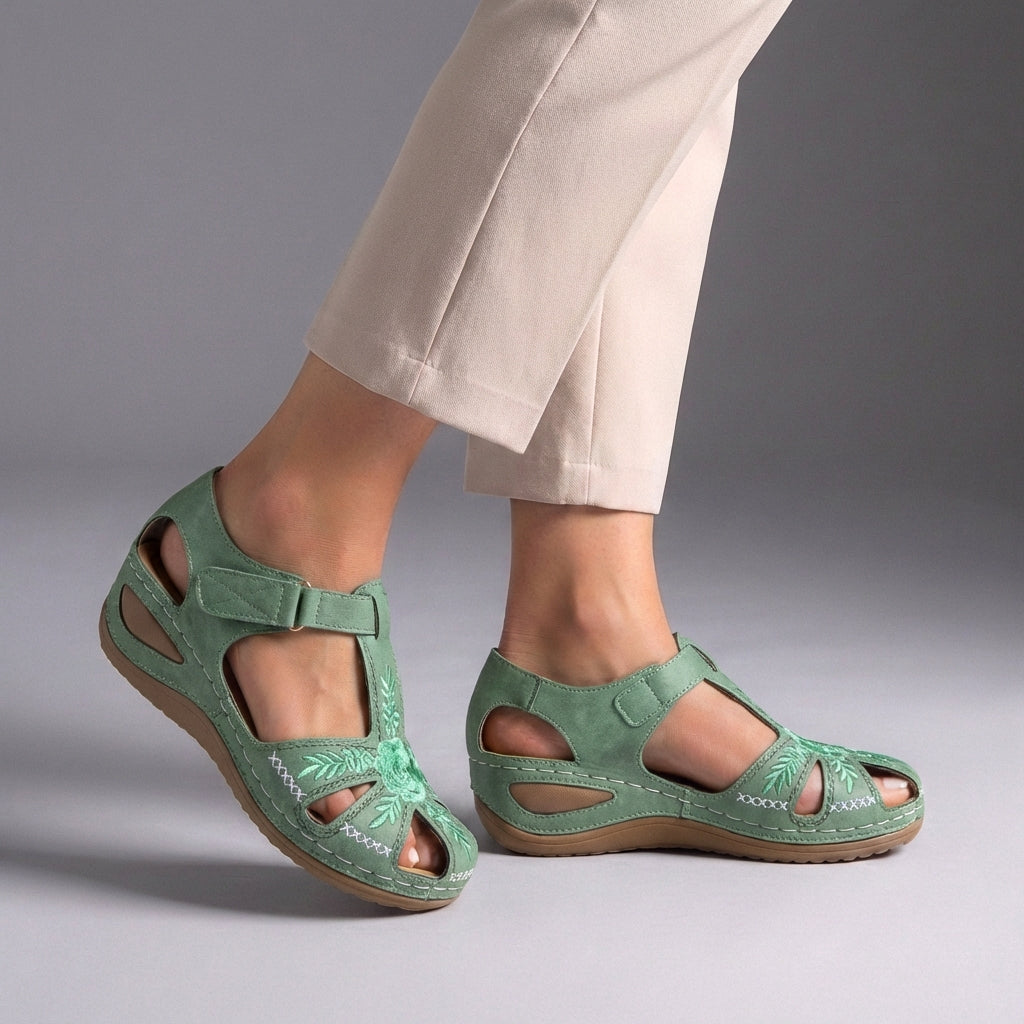 Embroidered Low Wedge Comfort Sandals with Arch Support and Cut-Out Design 3