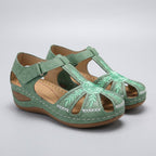 Embroidered Low Wedge Comfort Sandals with Arch Support and Cut-Out Design