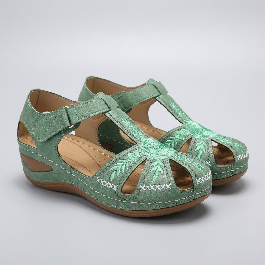 Embroidered Low Wedge Comfort Sandals with Arch Support and Cut-Out Design 4